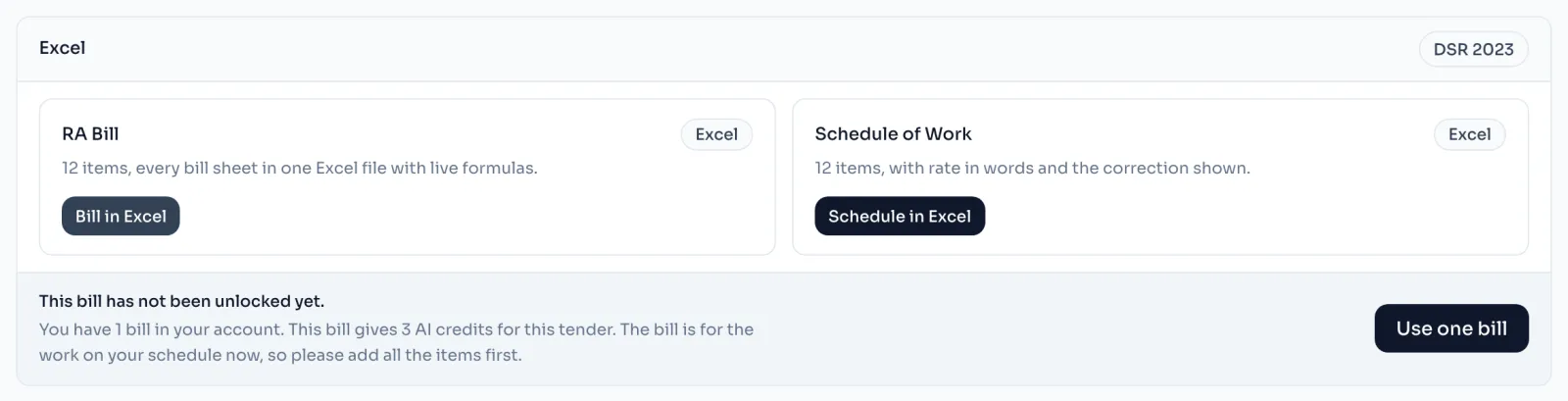 The Excel panel of the Download page, with the RA Bill card and the Use one bill strip under it