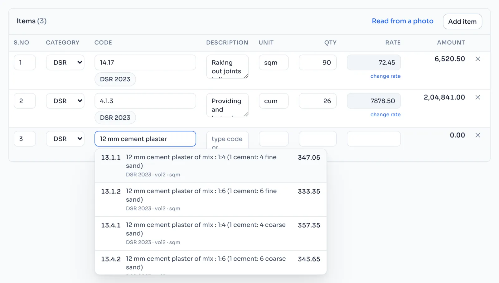 The code search list open under a schedule row, showing items with code, description, unit and rate