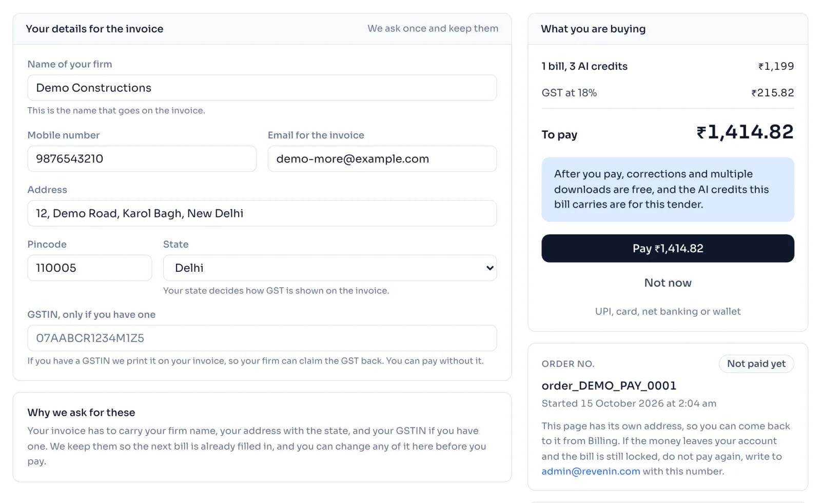 The payment page with Your details for the invoice on the left and What you are buying with the Pay button on the right