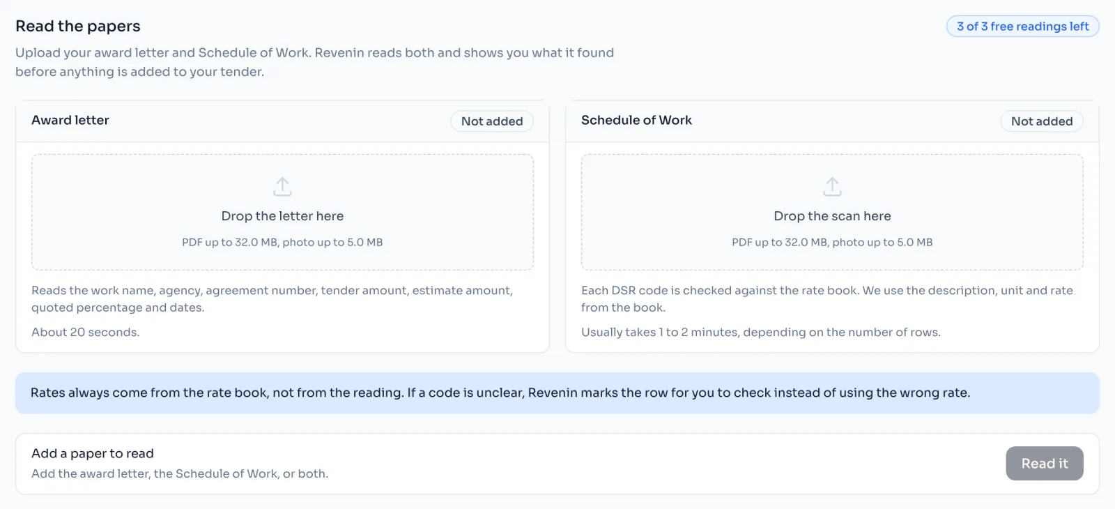 The Revenin AI page before any paper is added, with the Award letter and Schedule of Work boxes and the Read it button, which turns into Read both when both papers are added