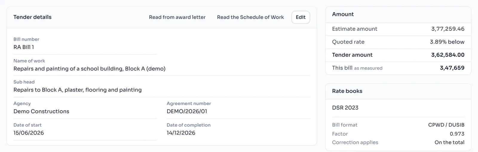 The Tender details panel and the Amount panel on a tender's Overview page