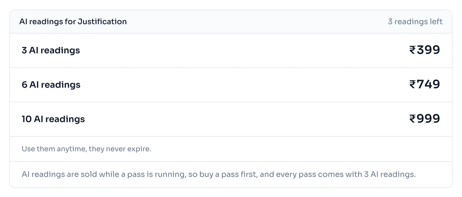 The panel AI readings for Justification on the page Buy a pass, with the number of readings left, one row for each pack with its price and the line that readings never expire