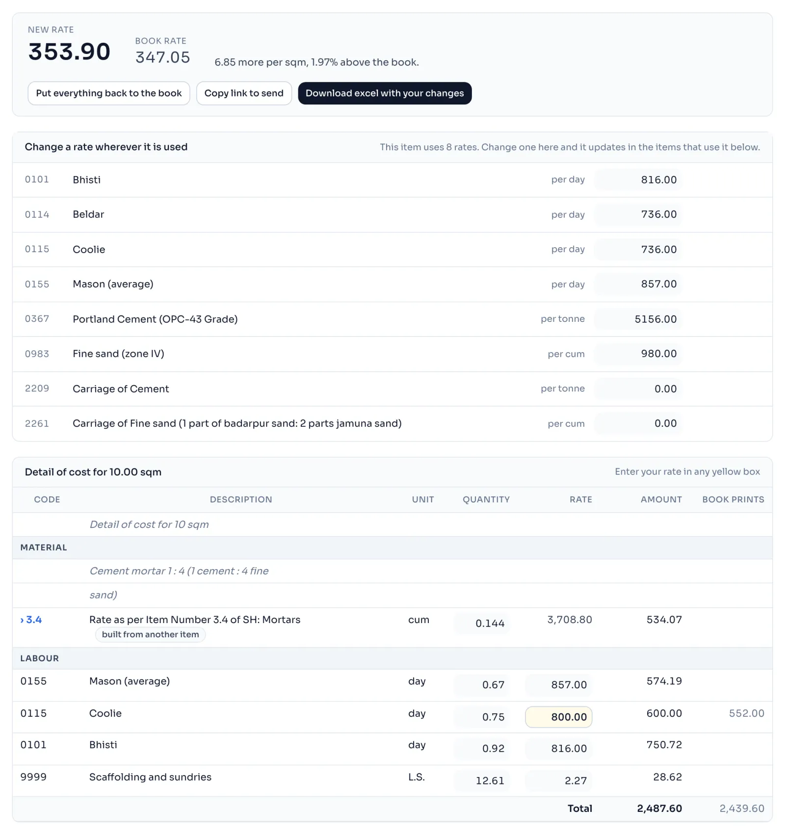 The item page of 13.1.1 after the Coolie rate was changed to 800.00, with New rate and Book rate at the top, the Coolie box in yellow, and the Book prints column