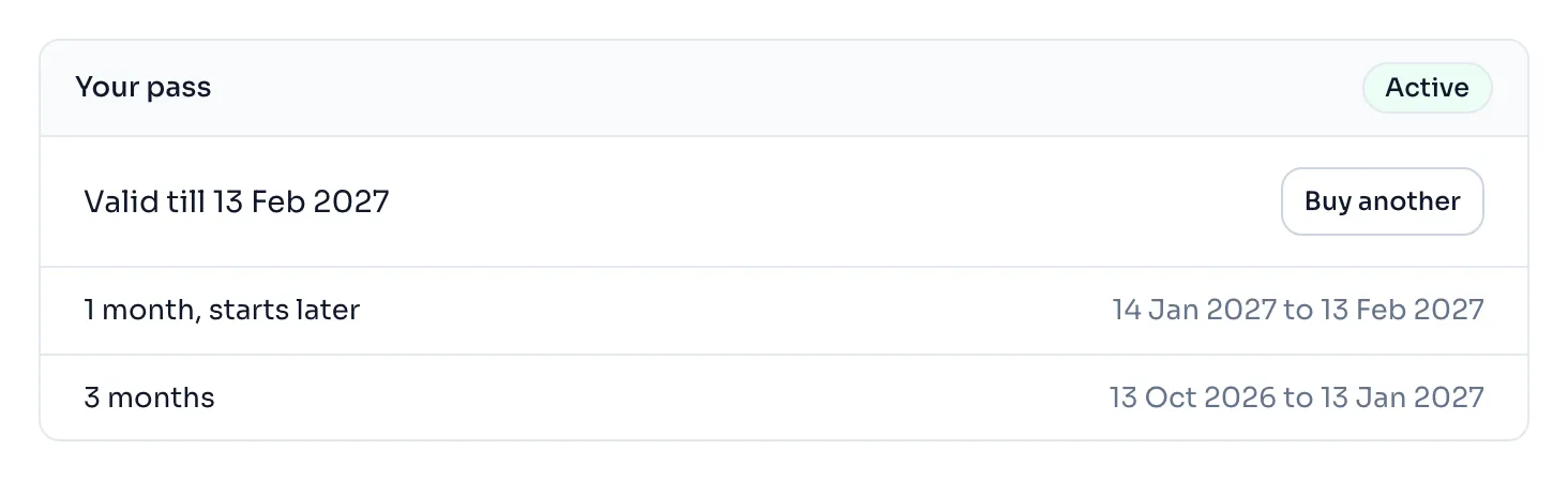 The Your pass panel of the account page with Valid till, the Active badge and two passes, the one that begins later on top and marked starts later