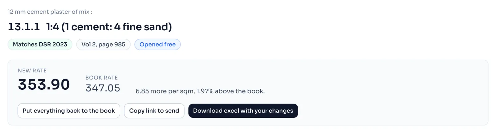 The top of the item page of 13.1.1 with the buttons Put everything back to the book, Copy link to send and Download excel with your changes