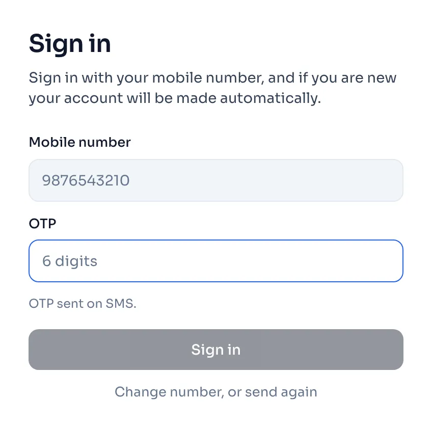 The sign in page after Send OTP, with the Mobile number and OTP boxes, the Sign in button and the line Change number, or send again