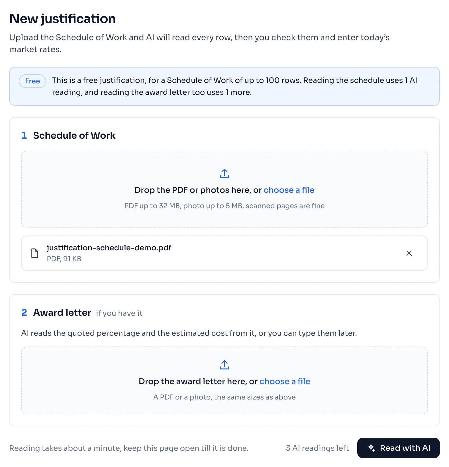 The New justification page of a free justification, with the badge Free and its line, a Schedule of Work PDF chosen in step 1, the box for the award letter in step 2, the AI readings left and the button Read with AI