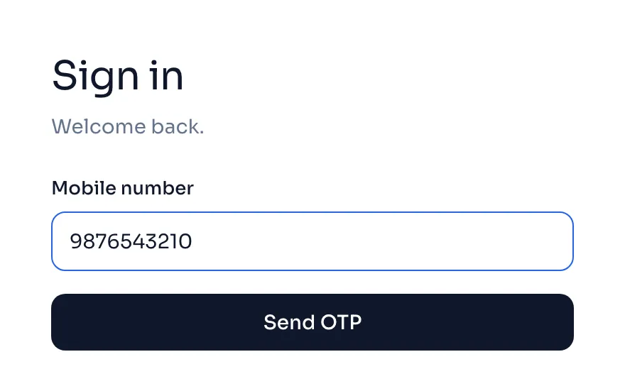 The ContractBill sign in page with the Mobile number box and the Send OTP button